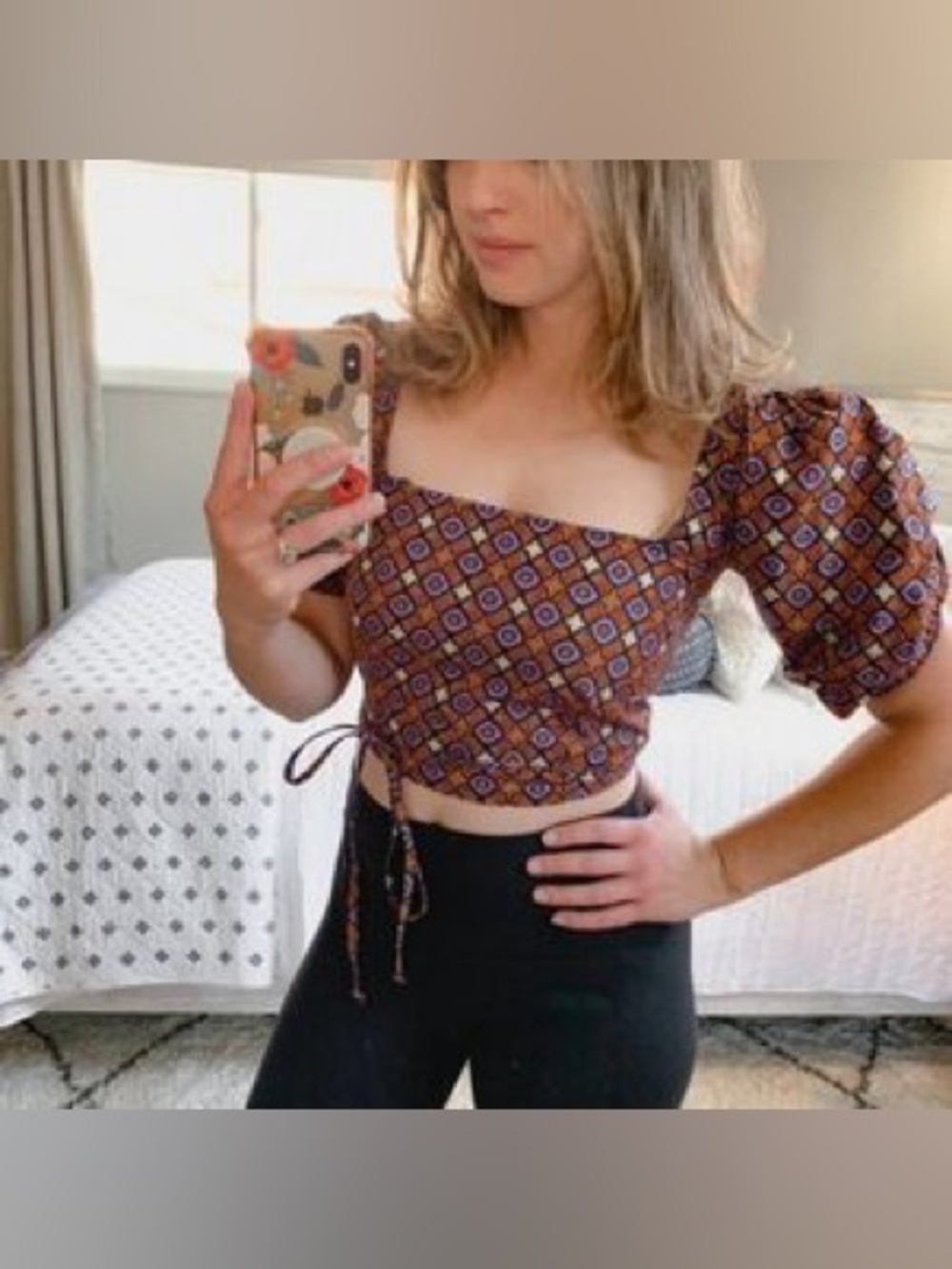 KAOS SMALL geometric print puff sleeve square neck crop top
